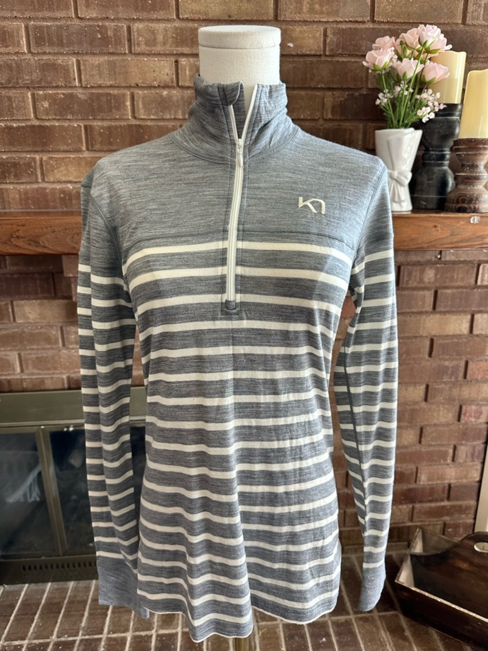 Kari Traa 100% Merino Wool Striped Half-Zip Base Layer Top Size M